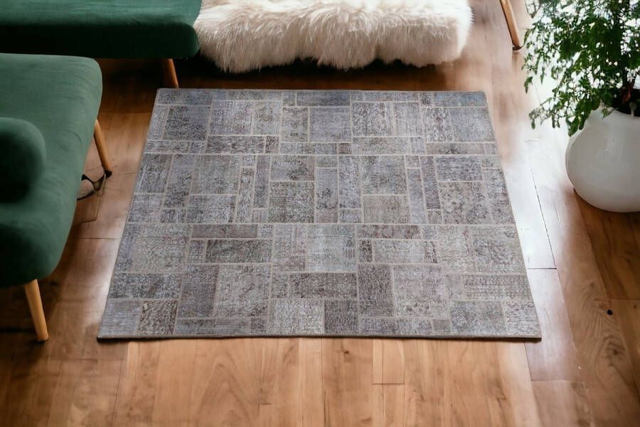 Vintage Patchwork Vloerkleed 170x240cm Antraciet Bruin Uniek handgemaakt Origineel Laagpolig Vloerkleed – Anti slip Tapijt Duurzame en Natuurlijke Materialmen Moderne Vloerkleed Handgeknoopte Turkse Tapijten Exclusief Vloerklee