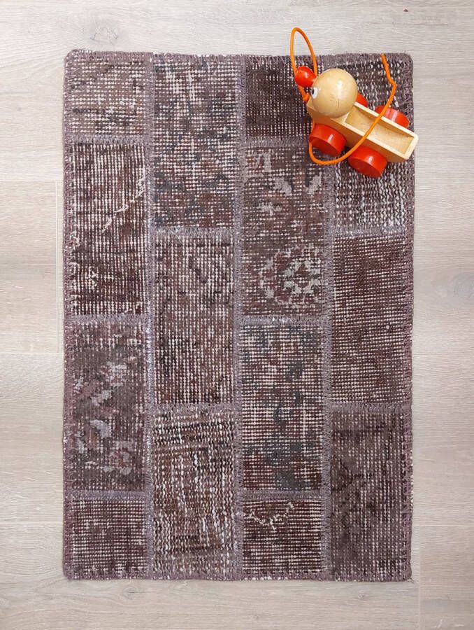 Vintage Patchwork Vloerkleed 40x60 donker bruin Klein vloerkleed Uniek handgemaakt Katoen Laagpolig Vloerkleed – Anti slip Tapijt Duurzame Natuurlijke Materialmen Loper voor in de gang keuken badkamer Cadeau Vrauw – Moederdag