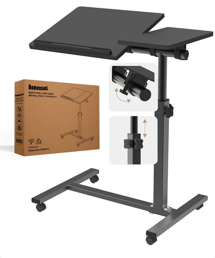 Merah Laptoptafel en Bijzettafel op wielen – bedtafel – laptoptandaard – Zwart