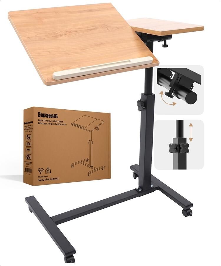 Merah Laptoptafel en Bijzettafel op wielen – bedtafel – laptoptandaard – Naturel