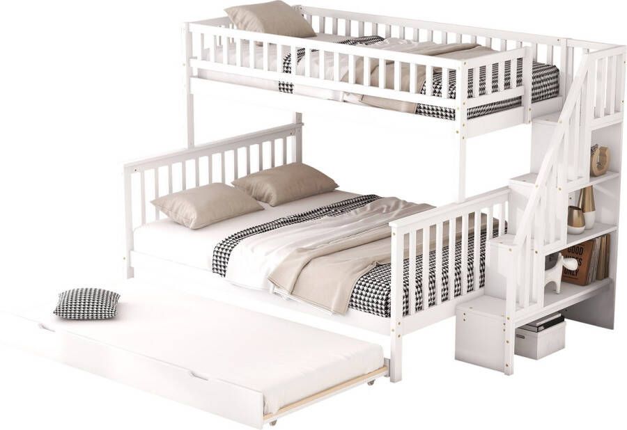 Merax 3 Persoons Stapelbed Hoogslaper met Uitschuifbaar Bed Kinderbed met Opbergruimte en Trap Wit