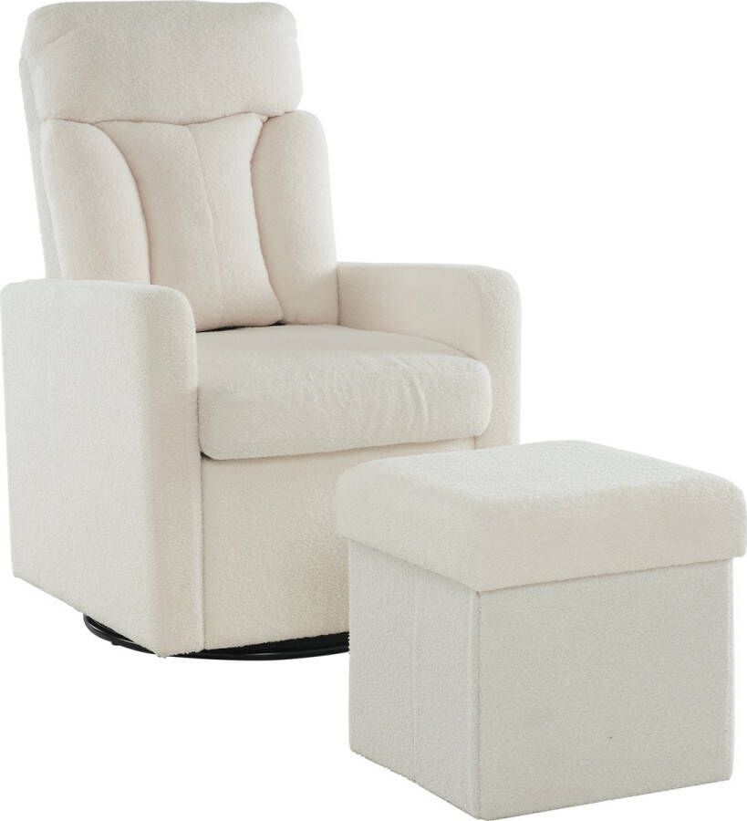 Merax 360¬∫ Draaibaar Relaxstoel Pluche Stoel Comfortabele Stoel met Hocker en Voetensteun Wit