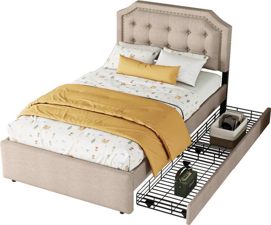 Merax 90x200 cm Gestoffeerd Bed Luxe Eenpersoonsbed met Opbergruimte Donkerbeige