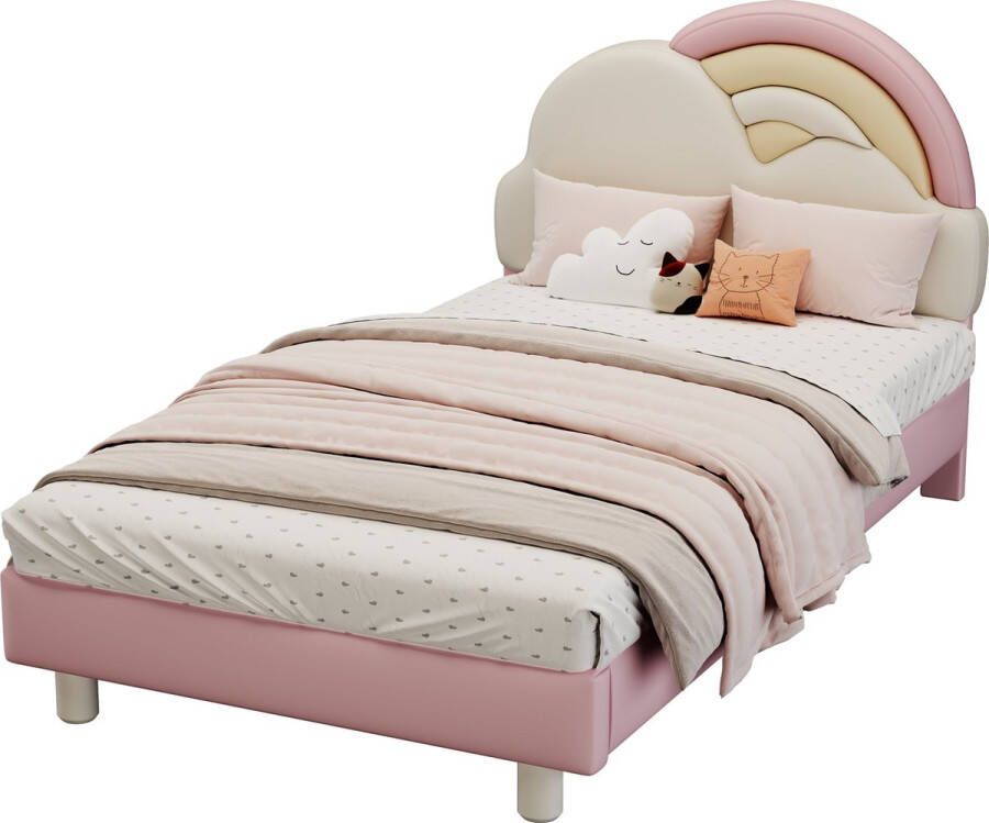 Merax 90x200cm Kinderbed Regenboogwolk Bed Eenpersoonsbed met PU-Bekleding en Houten Lattenbodem Roze