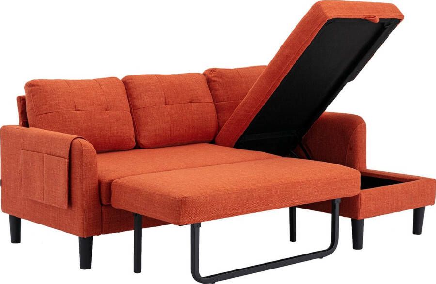 Merax Bankstel met Opbergruimte Twee-zits Bank met Longchair Uitschuifbaar tot Slaapbank Oranje