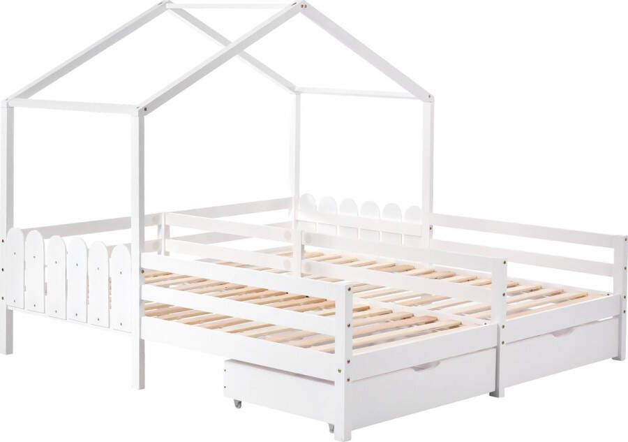Merax Bed 2 Eenpersoonsbedden 90x200 met Opbergruimte Huisbed Kinderbed Wit