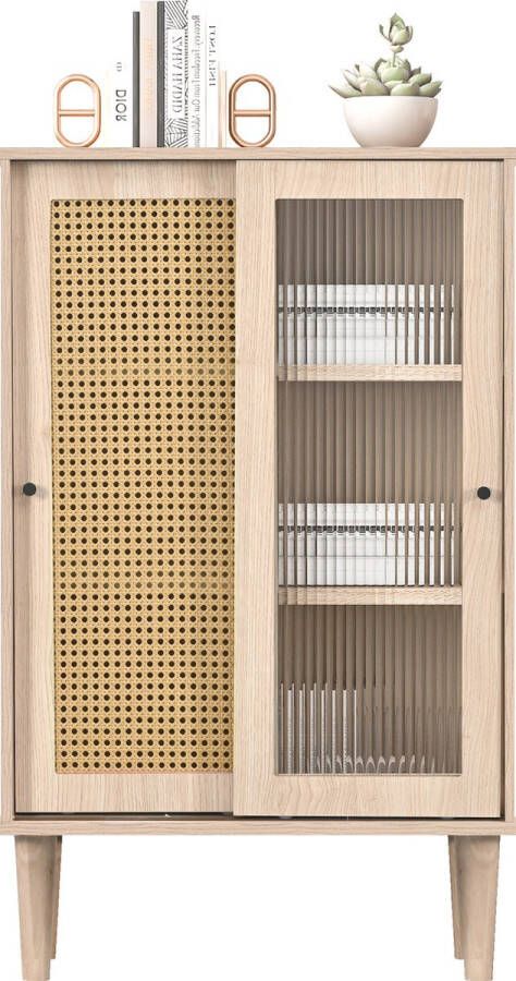 Merax Buffetkast met Rotan en Glazen Schuifdeuren Dressoir Vitrinekast Kast met 6 Opbergvakken Eikenhout Bruin