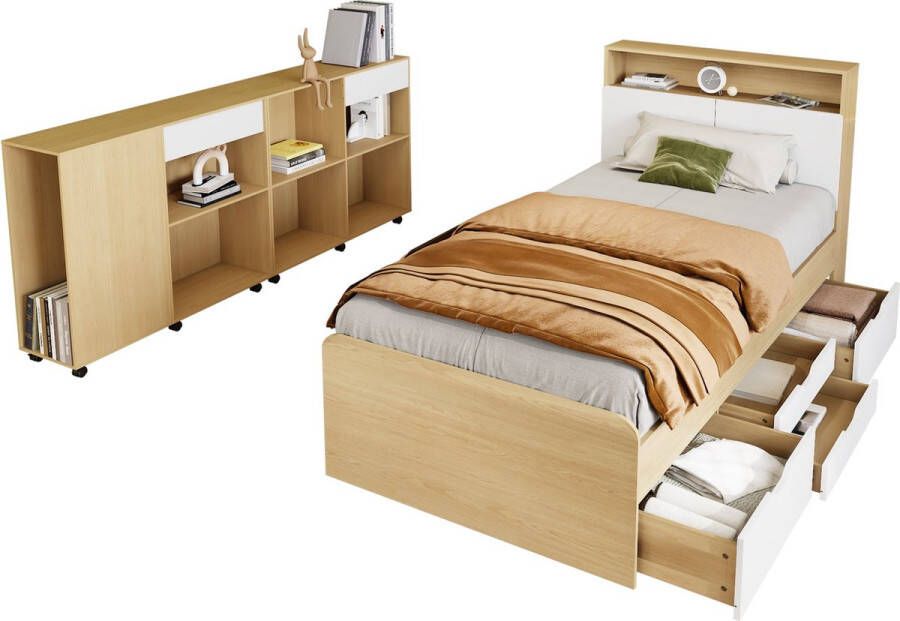 Merax Complete Slaapkamerset Eenpersoonsbed en Twee Kasten op Wielen Set voor Slaapkamer Wit met Natuurlijke Eikenkleur