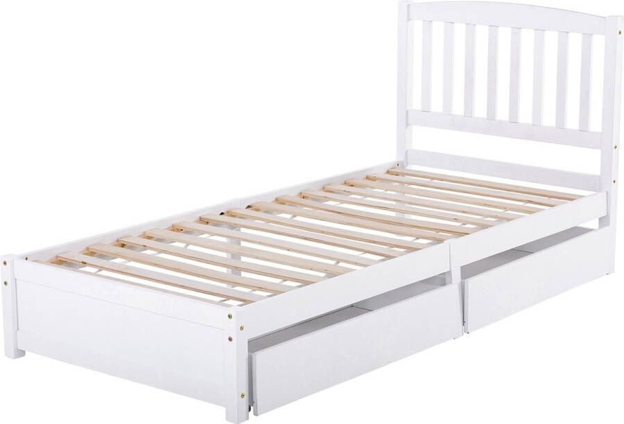 Merax Eenpersoonsbed 90x200 cm Bed met Opbergruimte Twee Laden Wit