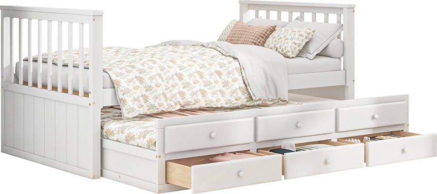 Merax Eenpersoonsbed 90x200 met extra Uitschuifbaar Bed 90x190 Kinderbed met Opbergruimte en 3 Lades Wit