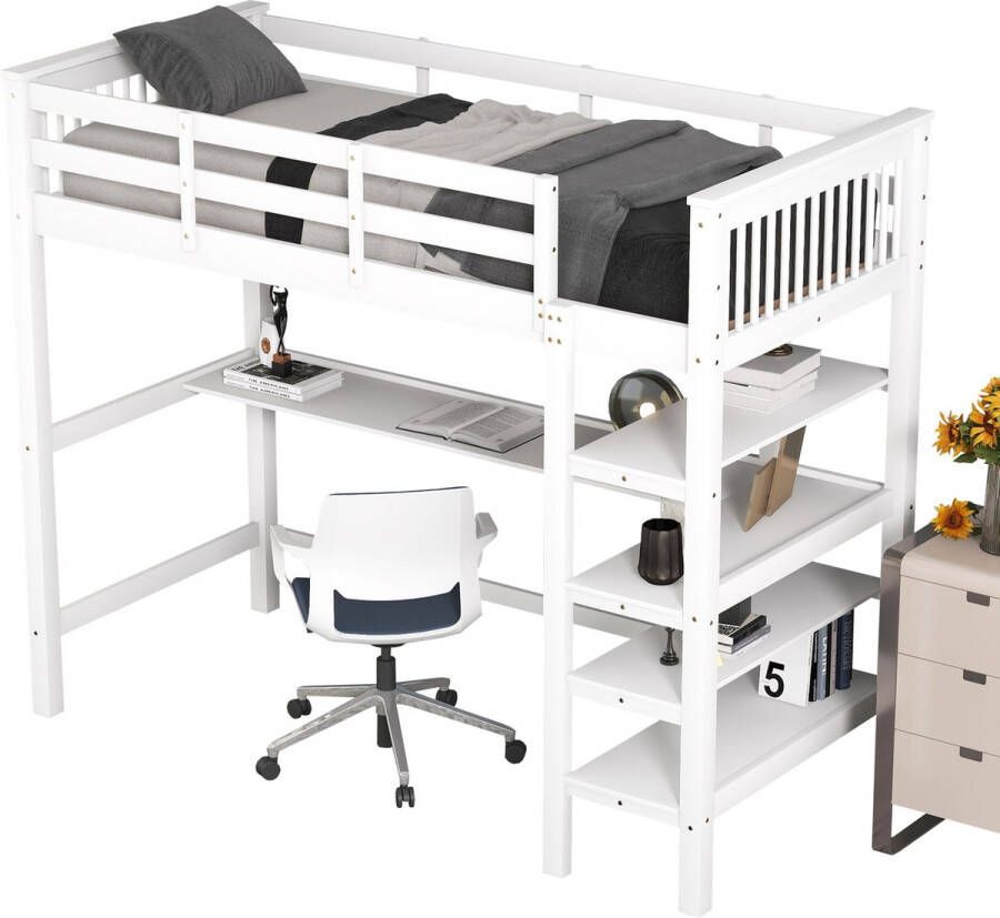 Merax Eenpersoonsbed Hoogslaper 90x200 cm Bed met Bureau en Opbergruimte Wit - Foto 2