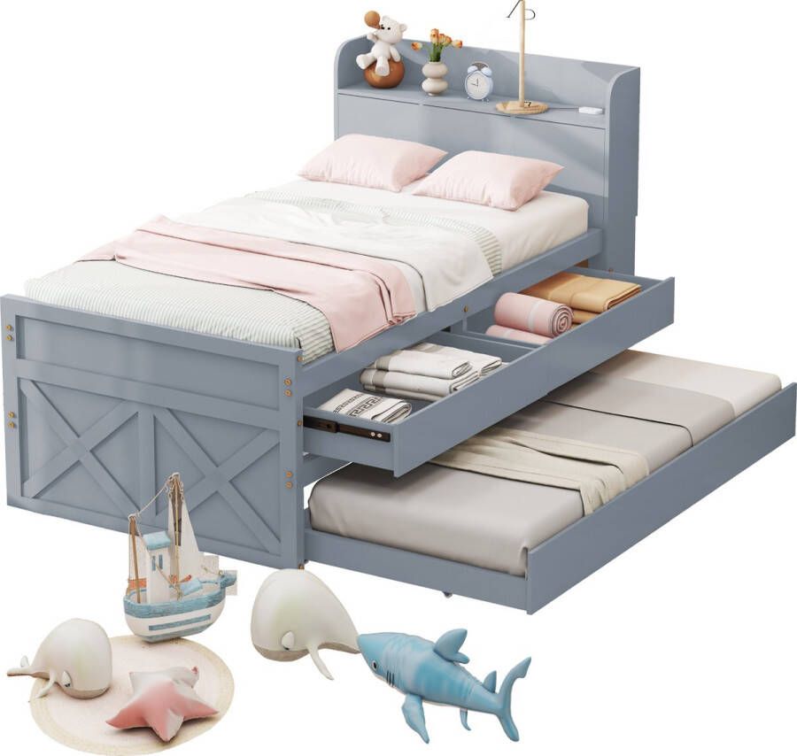Merax Eenpersoonsbed met Extra Uitschuifbaar Bed 90x190 Kinderbed met Opbergruimte Grijs