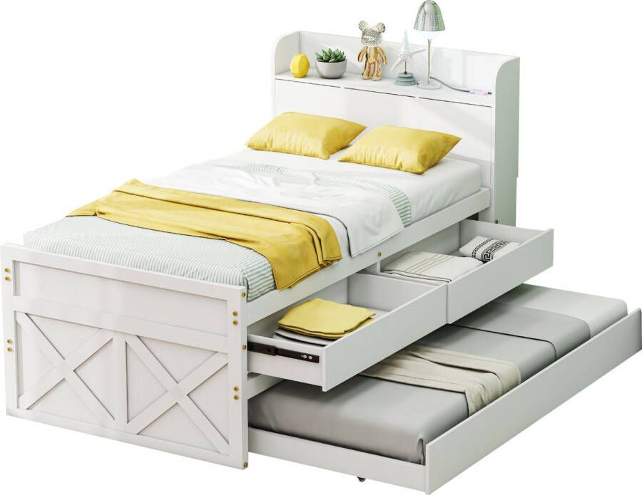 Merax Eenpersoonsbed met Extra Uitschuifbaar Bed 90x190 Kinderbed met Opbergruimte Wit
