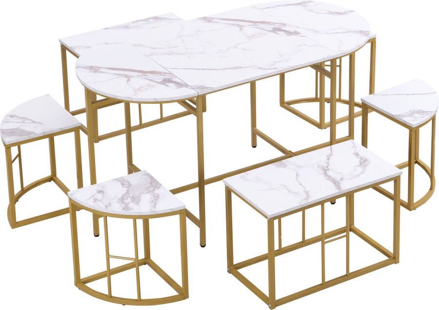 Merax Eetkamer Set Eethoek Set met Tafel en Stoel Eettafel met 6 Stoelen Wit met Goud