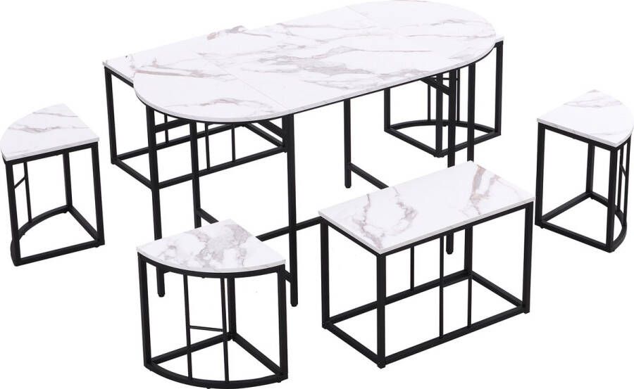 Merax Eetkamer Set Eethoek Set met Tafel en Stoel Eettafel met 6 Stoelen Wit met Zwart