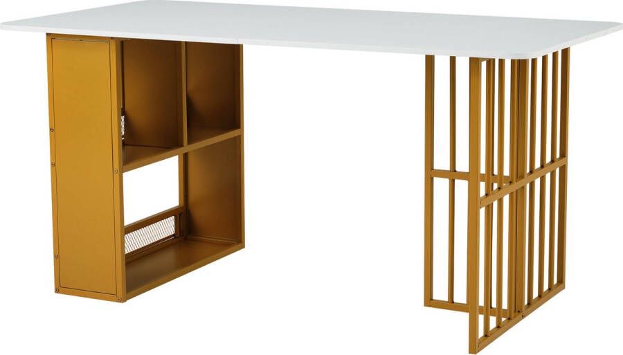 Merax Eettafel met Opbergruimte Luxe Eetkamer Tafel met Metalen Poten Rechthoekige Keukentafel Wit met Goud