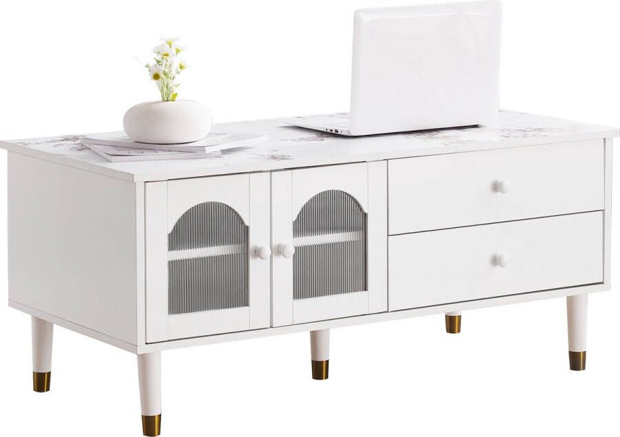 Merax Elegante Salontafel 100cm Wit Luxe MDF Salontafels met Marmerlook Tafelblad 2 Deuren en 2 Laden Wit met Gouden Accenten - Foto 2