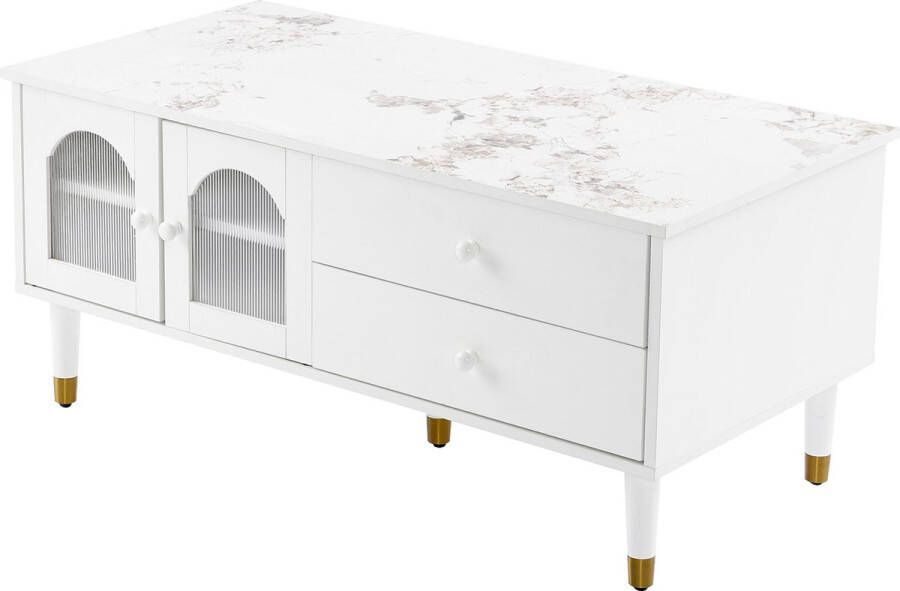 Merax Elegante Salontafel 100cm Wit Luxe MDF Salontafels met Marmerlook Tafelblad 2 Deuren en 2 Laden Wit met Gouden Accenten