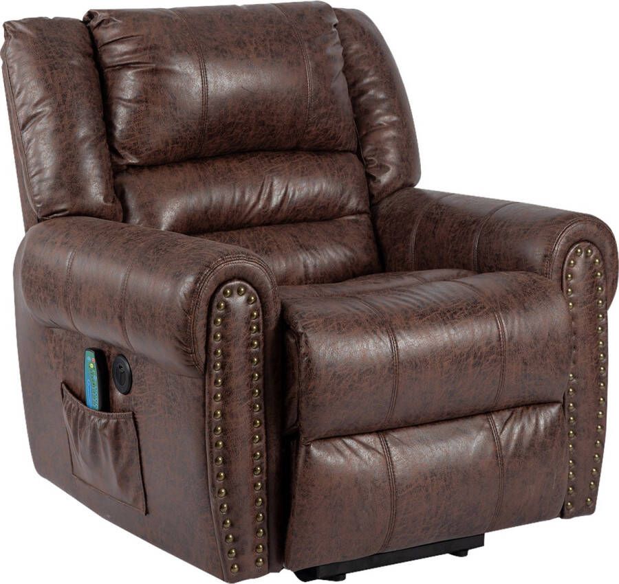 Merax Elektrische Sta-op Stoel met Ligfunctie Elektrisch Relaxfauteuil Sta op Fauteuil met Massage en Verwarming Bruin Kunstleer