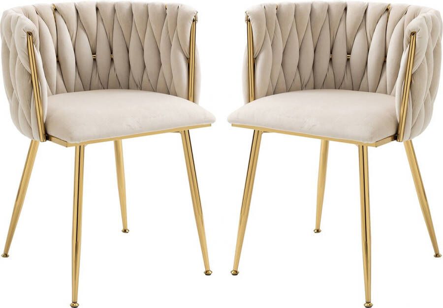 Merax Fluwelen Eetkamerstoelen Set van 2 Velvet Stoelen Beige met Goud