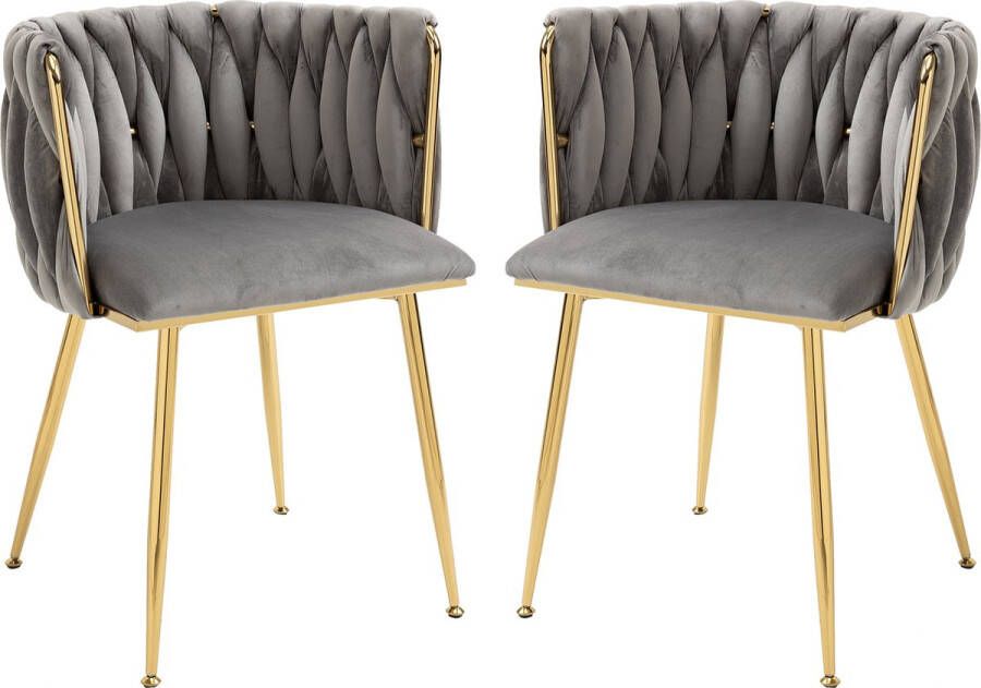 Merax Fluwelen Eetkamerstoelen Set van 2 Velvet Stoelen Grijs met Goud