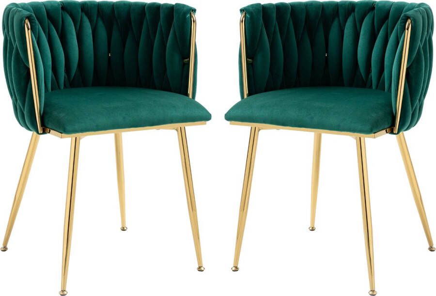 Merax Fluwelen Eetkamerstoel Set van 2 Velvet Stoelen Groen met Goud