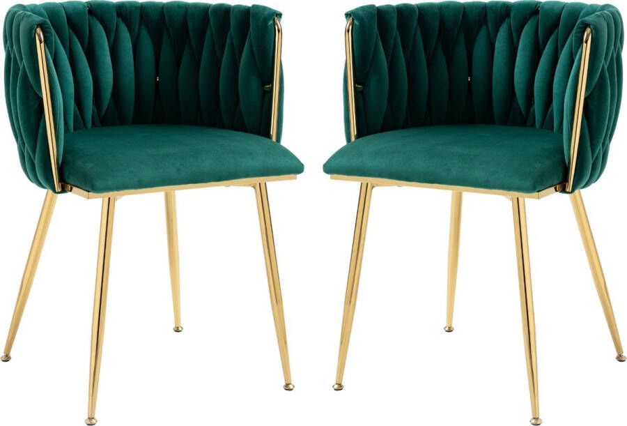 Merax Fluwelen Eetkamerstoel Set van 2 Velvet Stoelen Groen met Goud