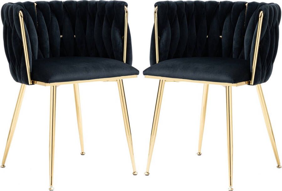 Merax Fluwelen Eetkamerstoelen Set van 2 Velvet Stoelen Zwart met Goud