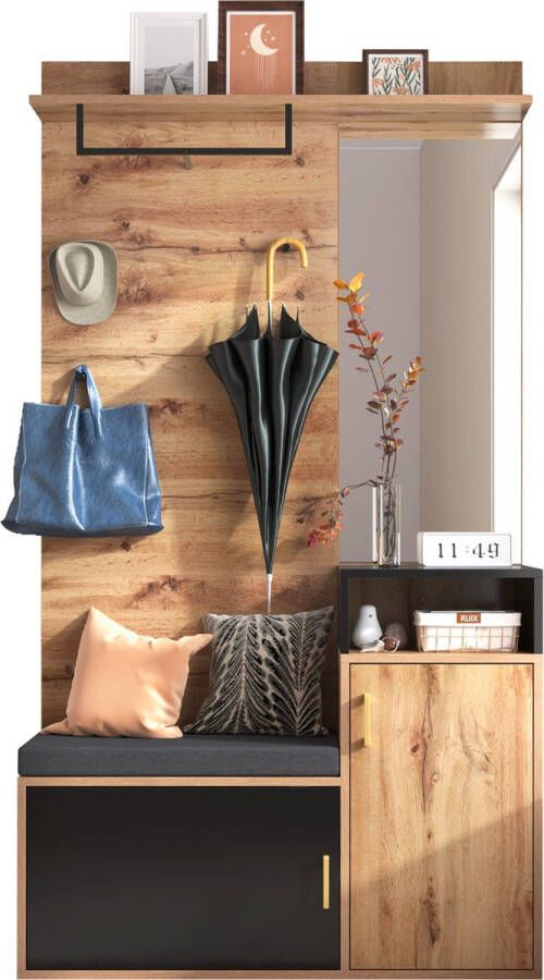 Merax Garderobekast met Kapstok Garderoberek met Spiegel Schoenenkast Schoenenrek met Bank Bruin met Zwart