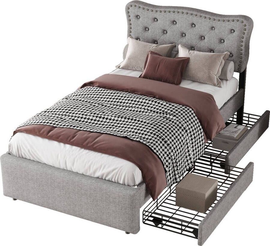Merax Gestoffeerd Bed 90x200 Eenpersoonsbed met Decoratie en Lades Grijs