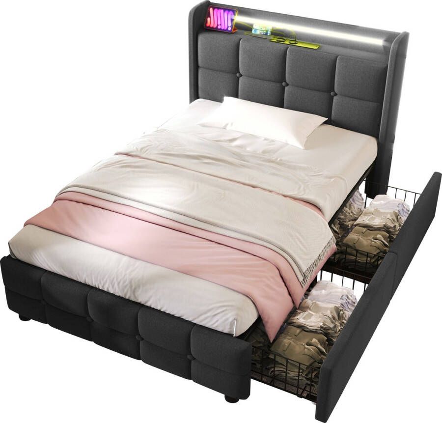 Merax Gestoffeerd Eenpersoonsbed 90 x 200 cm met Opbergruimte Bed met USB en LED Verlichting Grijs