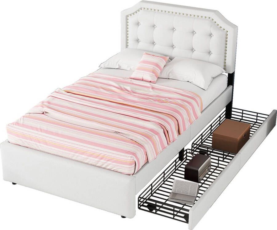 Merax Gestoffeerd Eenpersoonsbed 90x200 Luxe Bed met Opbergruimte Lichtbeige - Foto 1