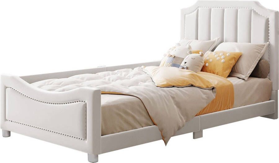 Merax Gestoffeerd Eenpersoonsbed 90x200 Flanellen Bed Kinderbed met Plank Beige