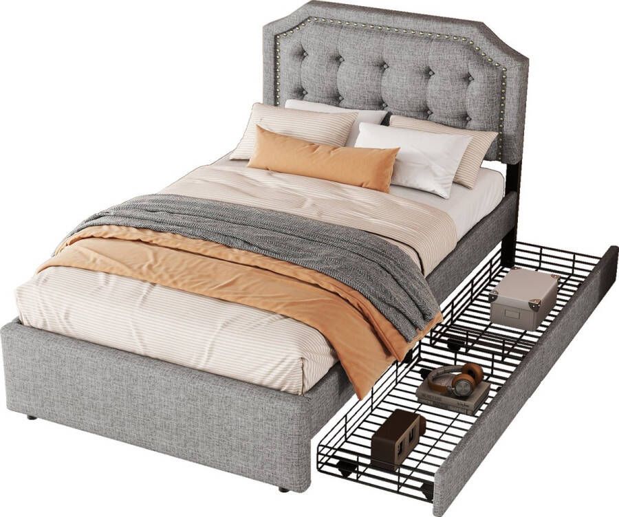 Merax Gestoffeerd Eenpersoonsbed 90x200 Luxe Bed met Decoratie en Opbergruimte Grijs