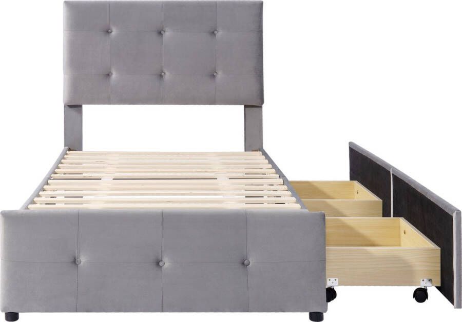 Merax Gestoffeerd Eenpersoonsbed met Lades 90 x 200 CM Bed met Opbergruimte Grijs
