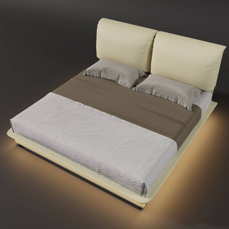 Merax Gestoffeerd Kunstlederen Tweepersoonsbed Bed 140x200cm Bedframe Inclusief LED-verlichting Verstelbaar Hoofdbord Wit