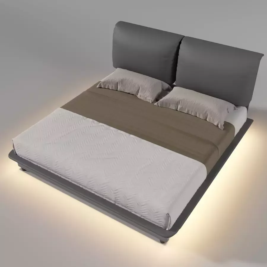 Merax Gestoffeerd Kunstlederen Tweepersoonsbed Bed 140x200cm Bedframe Inclusief LED-verlichting Verstelbaar Hoofdbord Grijs