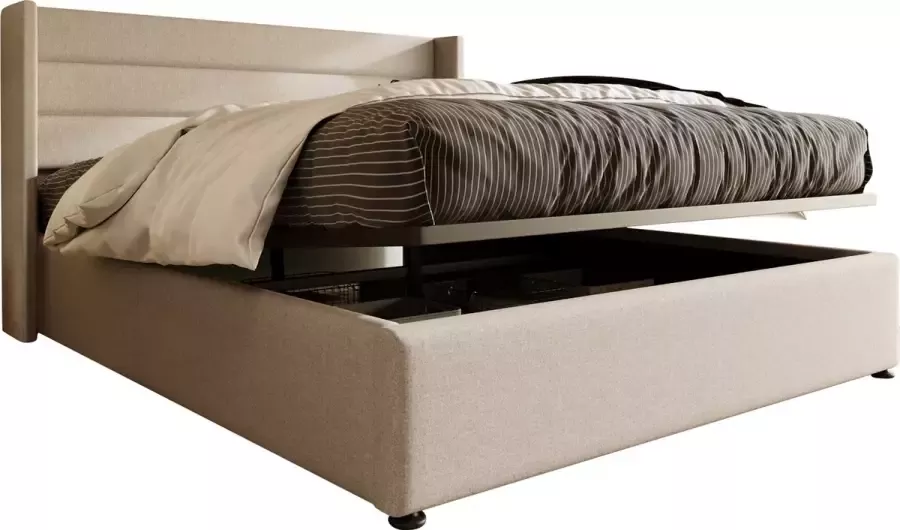 Merax Gestoffeerd Tweepersoonsbed 140x200 cm met Hydraulisch Opbergruimte Bed met Lattenbodem Beige