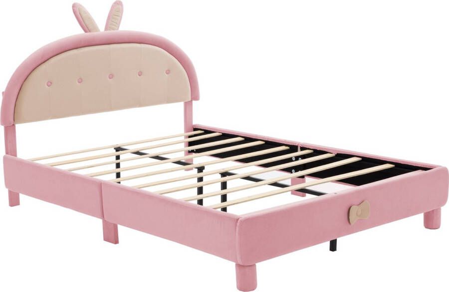 Merax Gestoffeerd Tweepersoonsbed 140x200 cm Kinderbed met Ronde Hoofdsteun met Konijnen Oren Roze met Beige - Foto 2