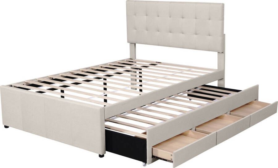 Merax Gestoffeerd Tweepersoonsbed 140x200 cm met Uitschuifbaar Bed 90x200 cm en Opbergruimte Beige