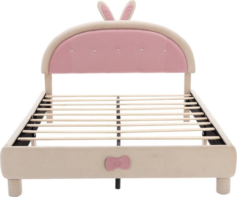 Merax Gestoffeerd Tweepersoonsbed 140x200 cm Moderne Bed met Konijnen Oren Kinderbed in Beige met Roze