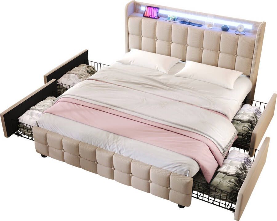 Merax Gestoffeerd Tweepersoonsbed 160 x 200 cm met Opbergruimte Bed met USB en LED Verlichting Beige