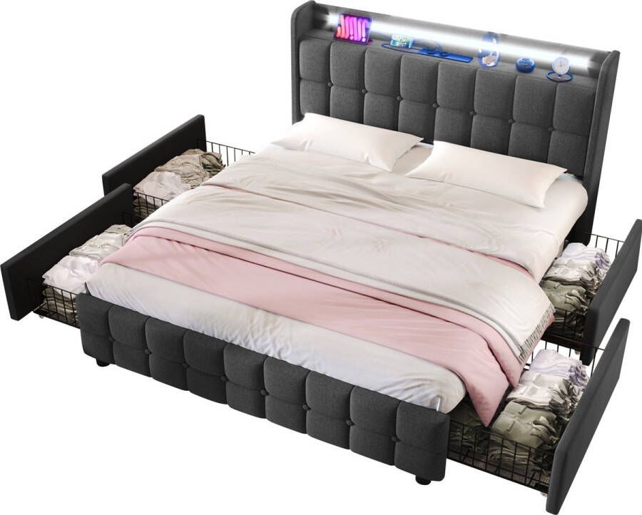 Merax Gestoffeerd Tweepersoonsbed 160 x 200 cm met Opbergruimte Bed met USB en LED Verlichting Grijs