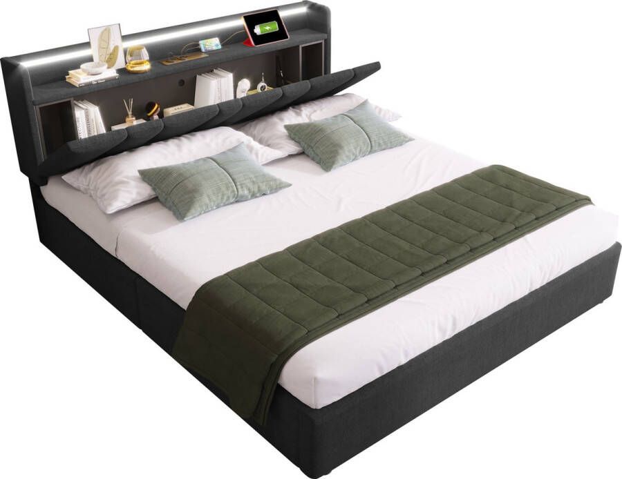 Merax Gestoffeerd Tweepersoonsbed 160 x 200 cm met Opbergruimte Bed met USB en LED Verlichting Grijs