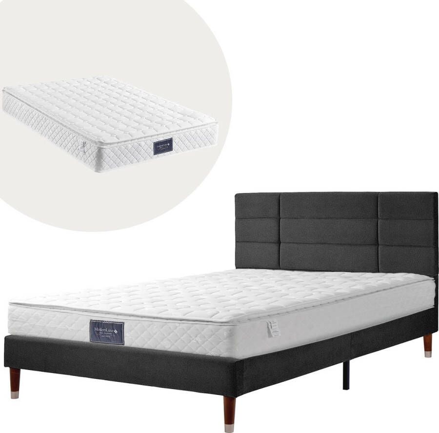 Merax Gestoffeerde Bedframe 140x200 cm Tweepersoonsbed met Lattenbodem en Binnenveringsmatras Luxe Bed met Matras Zwart - Foto 1