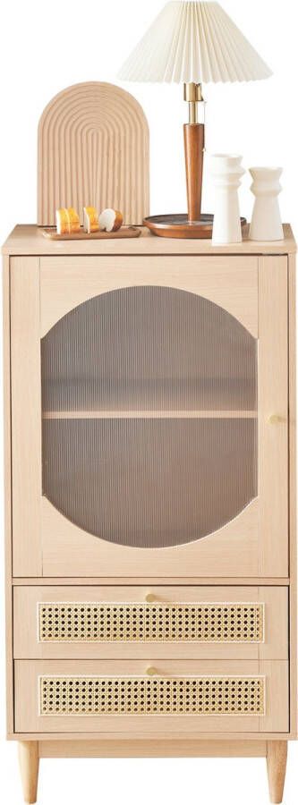 Merax Hoge Kast met Transparante Acryl Deur Dressoir met 2 Rattan Lades Buffetkast Vitrinekast in Eikenhout Bruin - Foto 2