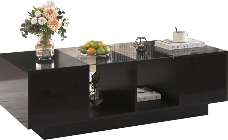 Merax Hoogglans Salontafel Tafel met Glazen Tafelblad 16 Kleuren Led Verlichting Zwart