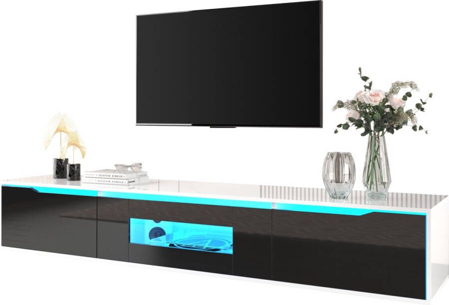 Merax Hoogglans TV-Meubel TV Kast met LED Verlichting Wit met Zwart