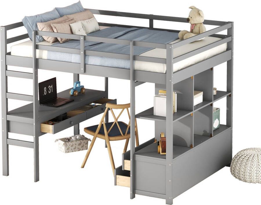 Merax Hoogslaper 140x200 Kinderbed met Bureau en Opbergruimte Bed voor Kinderen Grijs