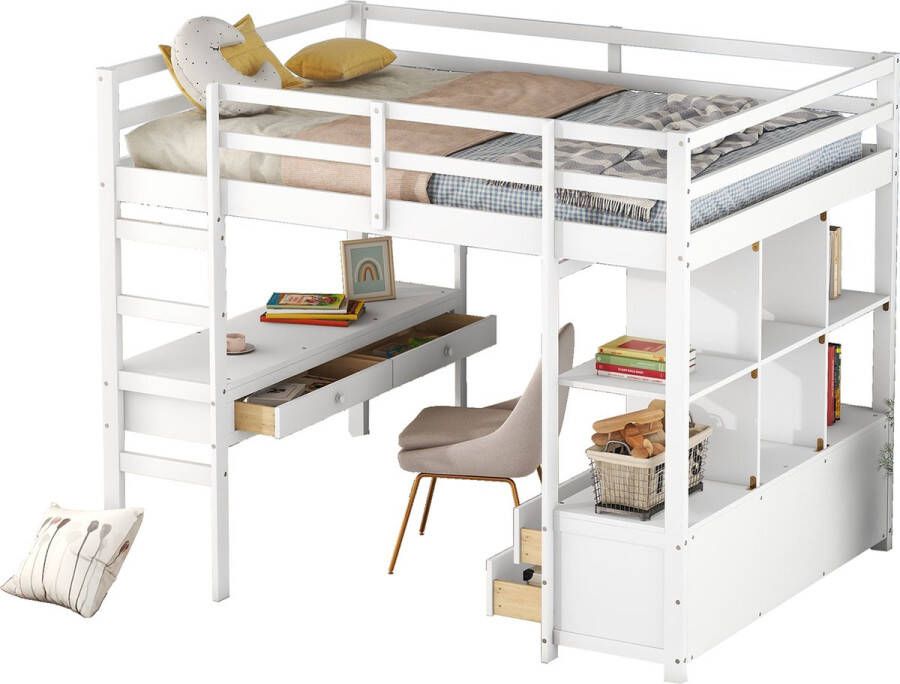 Merax Hoogslaper 140x200 Kinderbed met Bureau en Opbergruimte Bed voor Kinderen Wit
